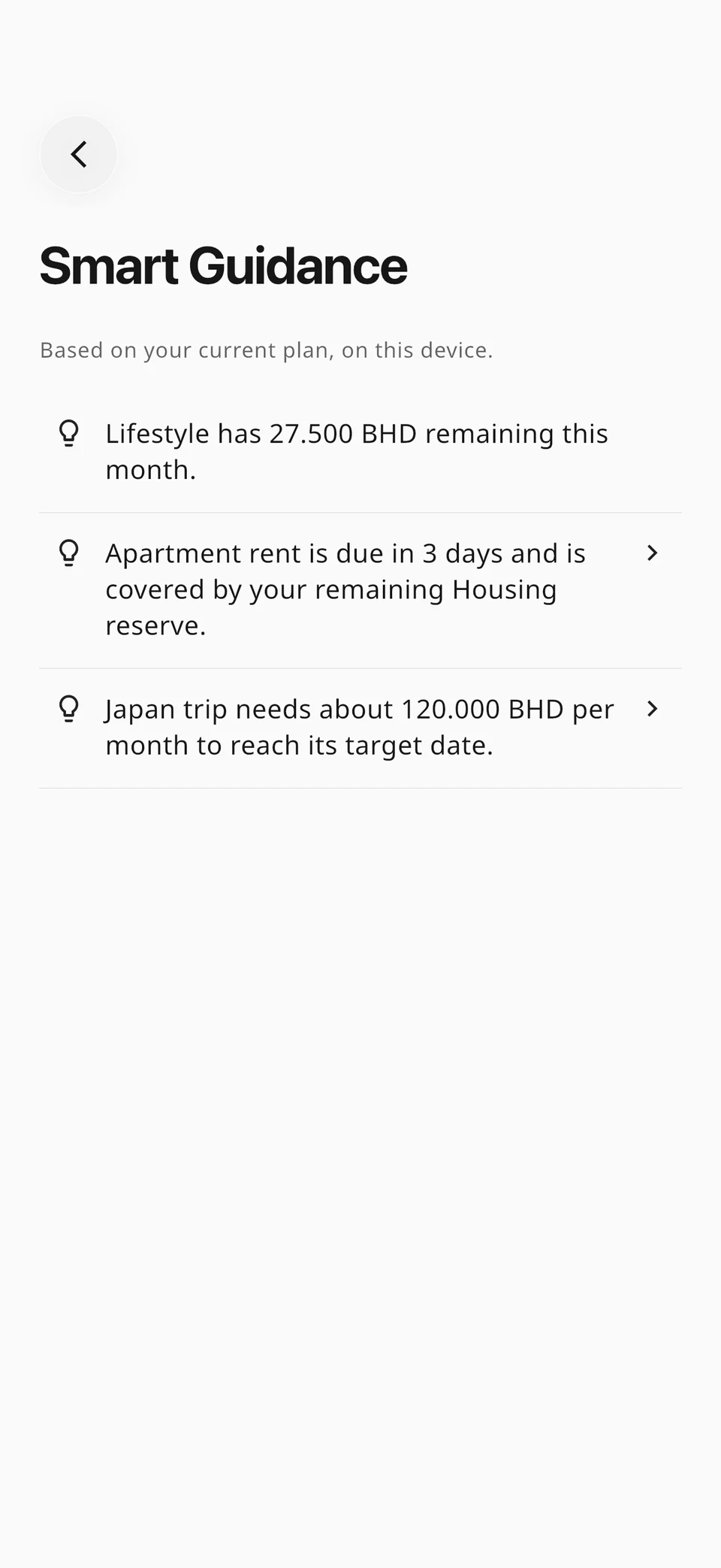 Smart Guidance displaying three real on-device observations about category spending, a reserved payment and goal progress
